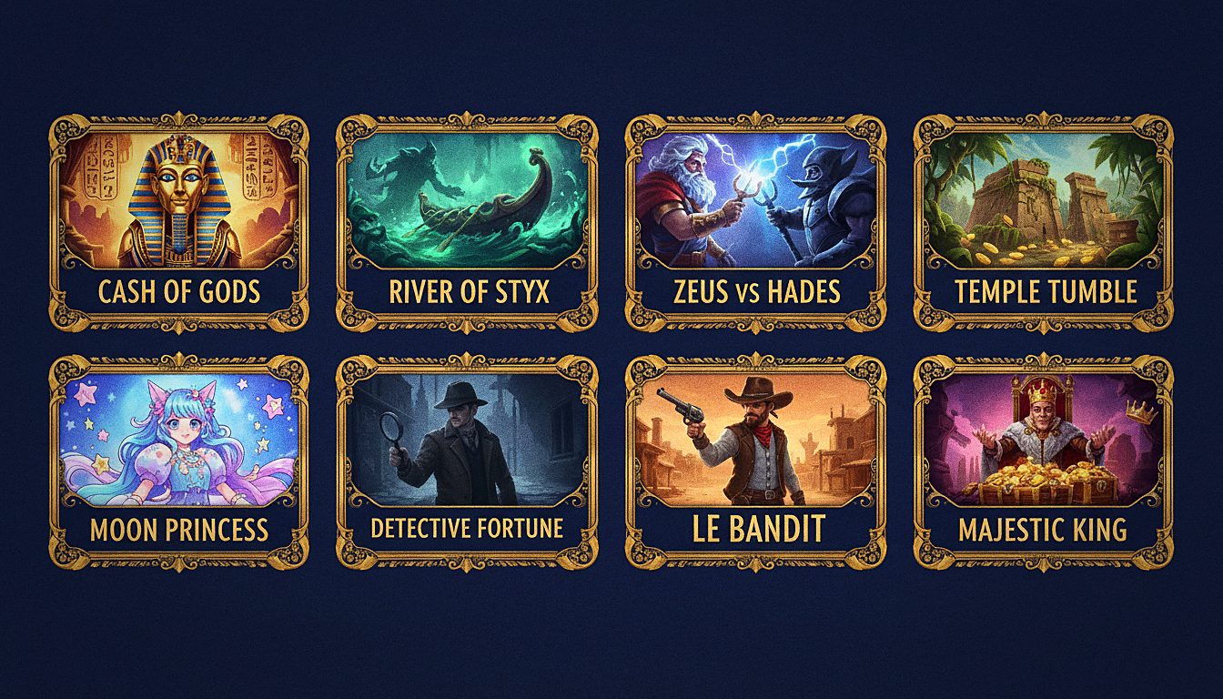 Catalogue de jeux Wonaco Casino : Cash of Gods, River of Styx, Zeus vs Hades, Temple Tumble, Moon Princess, Detective Fortune, Le Bandit, Majestic King