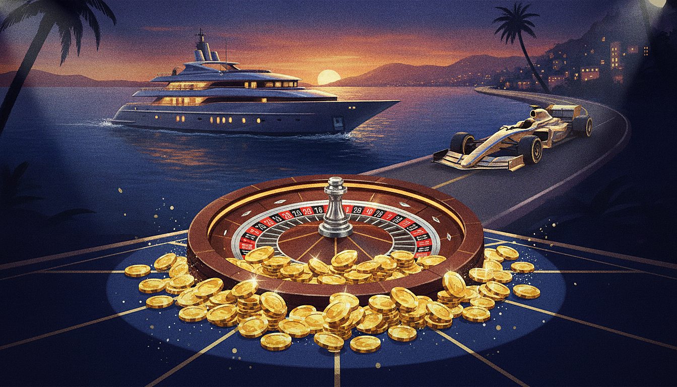 roulette wheel with gold chips, dramatic casino lighting
