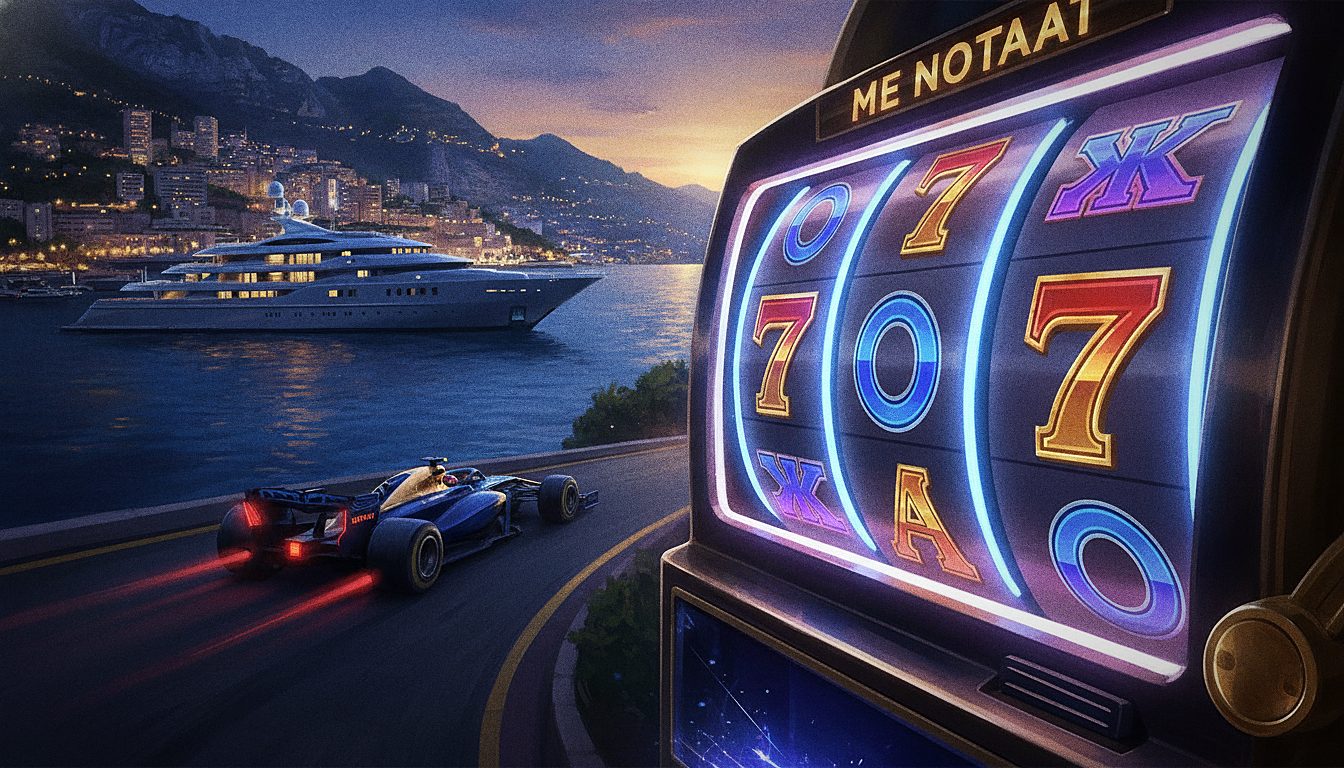 close-up of a lit slot machine reel, neon glow